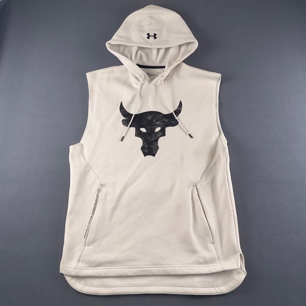 Under Armour Project Rock Mens Sleeveless Hoodie Cream White Brahma Bull Large